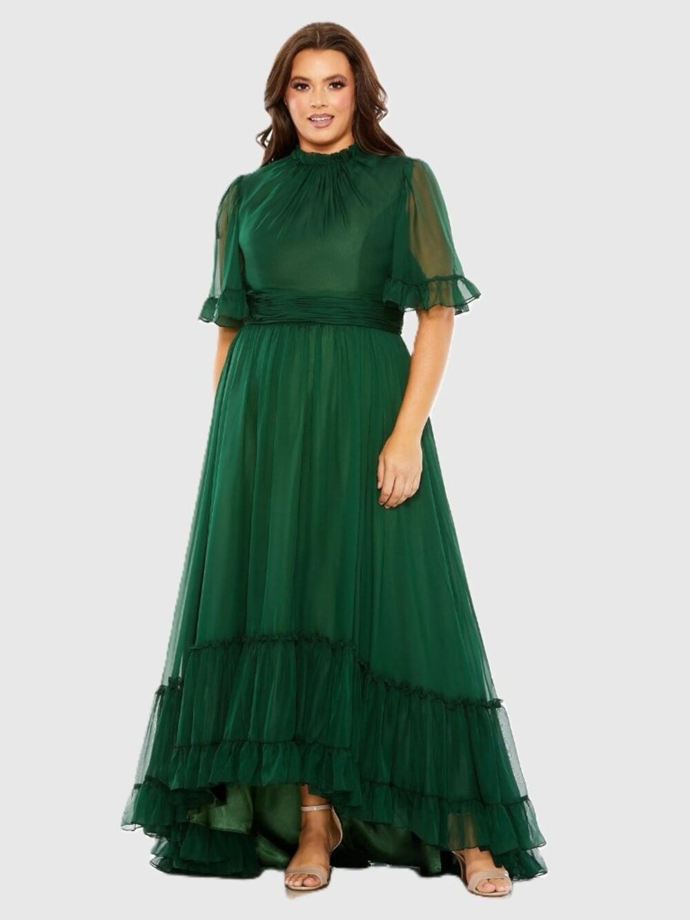 Mac Duggal Plus Size 26 Green 68427 Flutter Sleeve Ruffle Tiered Gown Dress